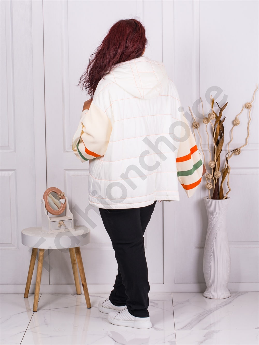 Geaca eleganta maxi cu maneci trocotate multicolor-ecru cod 62007-1