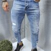 Blugi barbati cu efect rupt si zgariat-albastru cod 15969