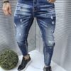 Blugi barbati cu efect rupt si prespalat-albastru inchis cod 7983