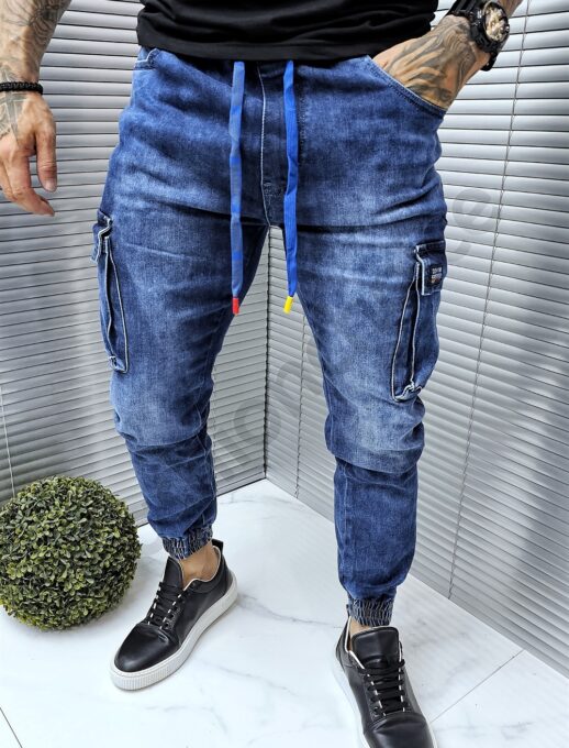 Blugi jogger cu buzunare cargo in parti-albastru cod 917