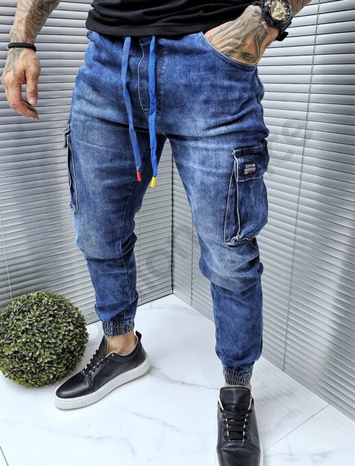 Blugi jogger cu buzunare cargo in parti-albastru cod 917