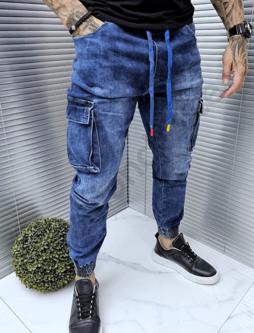 Blugi jogger cu buzunare cargo in parti-albastru cod 917