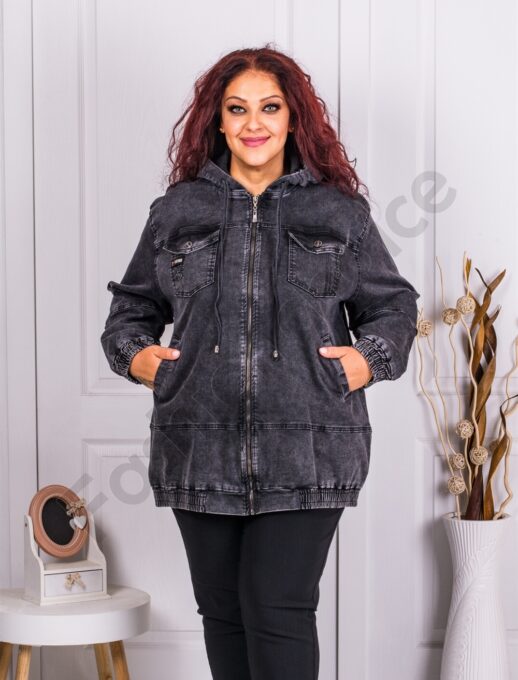 Geaca maxi din denim cu aplicatie din pietricele-negru cod 8186