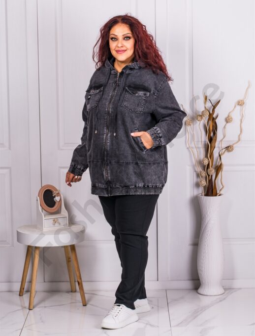 Geaca maxi din denim cu aplicatie din pietricele-negru cod 8186