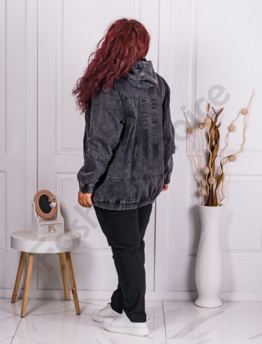 Geaca maxi din denim cu aplicatie din pietricele-negru cod 8186