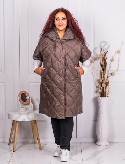 Vesta eleganta maxi cu maneca scurta si guler interesant-moca cod 90044-1