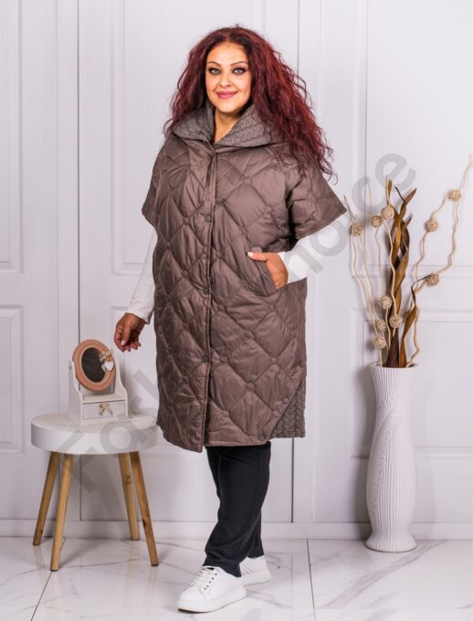 Vesta eleganta maxi cu maneca scurta si guler interesant-moca cod 90044-1