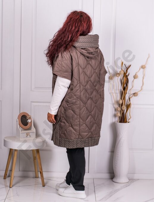 Vesta eleganta maxi cu maneca scurta si guler interesant-moca cod 90044-1