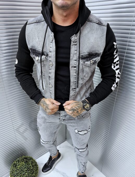 Geaca barbati din denim cu gluga si inscris Los Angeles-gri cod 16224