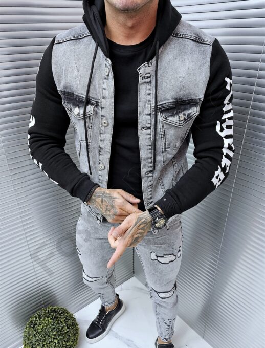 Geaca barbati din denim cu gluga si inscris Los Angeles-gri cod 16224