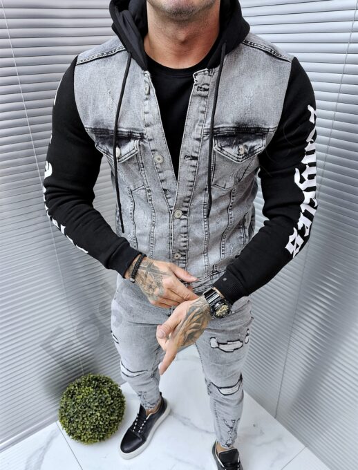 Geaca barbati din denim cu gluga si inscris Los Angeles-gri cod 16224