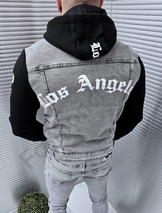 Geaca barbati din denim cu gluga si inscris Los Angeles-gri cod 16224