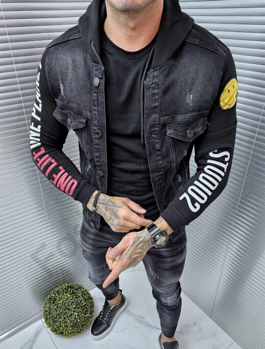Geaca din denim cu gluga cu inscris One life-negru cod 16096
