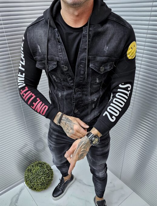Geaca din denim cu gluga cu inscris One life-negru cod 16096