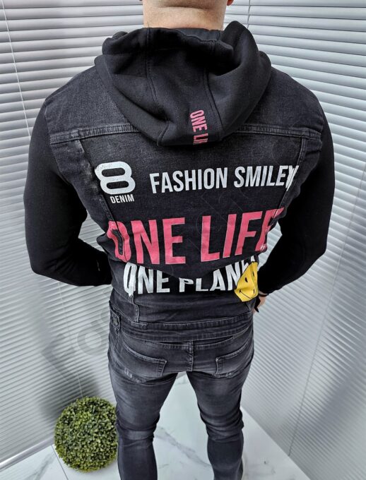 Geaca din denim cu gluga cu inscris One life-negru cod 16096