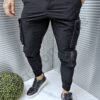 Pantalon sport din fas cu buzunare cargo in parti-negru cod 1324-10