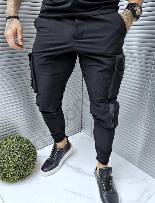 Pantalon sport din fas cu buzunare cargo in parti-negru cod 1324-10