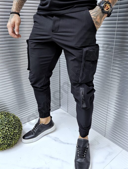 Pantalon sport din fas cu buzunare cargo in parti-negru cod 1324-10