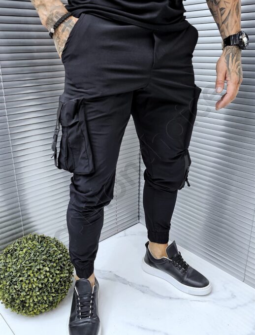 Pantalon sport din fas cu buzunare cargo in parti-negru cod 1324-10