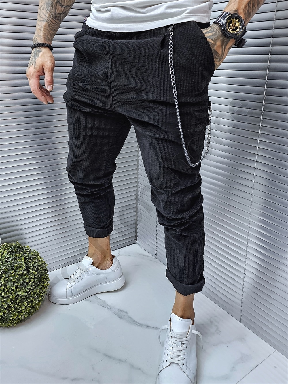 Pantalon pentru barbati din catifea reiata-negru cod 5100V