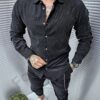 Camasa pentru barbati din catifea reiata cu guler clasic-negru cod 4009