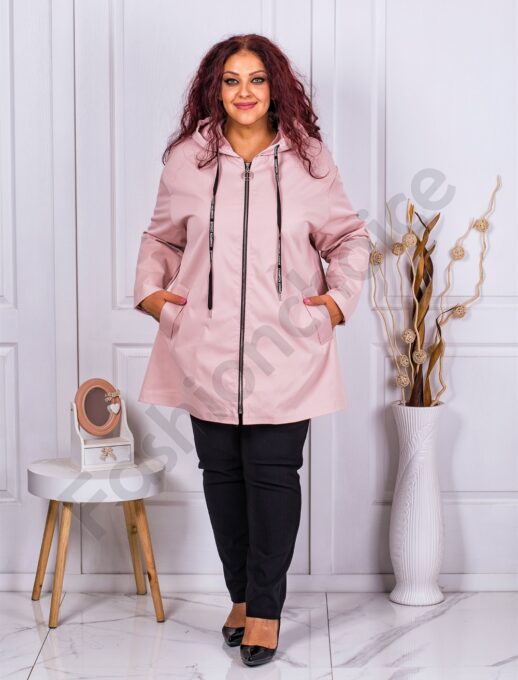 Trenci maxi din fas cu gluga-roz pastel cod 2633-3