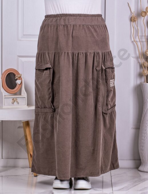 Fusta maxi din catifea reiata si elastic in talie-moca cod 3154