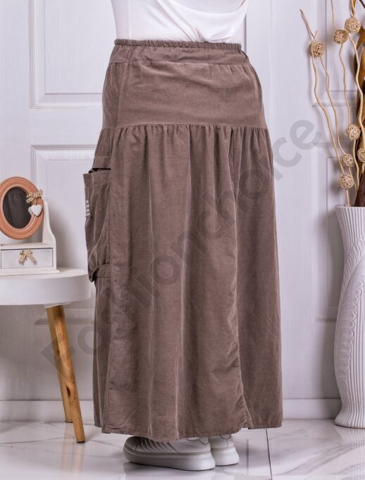 Fusta maxi din catifea reiata si elastic in talie-moca cod 3154