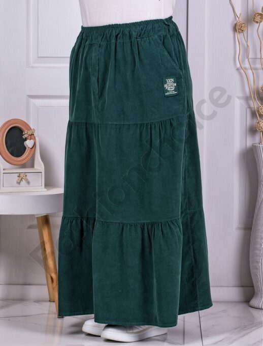 Fusta maxi sport-elegant din catifea reiata cu volane-verde masliniu cod 3160-1