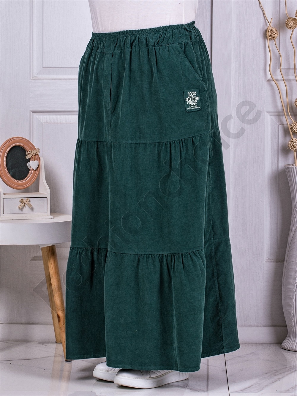Fusta maxi sport-elegant din catifea reiata cu volane-verde masliniu cod 3160-1