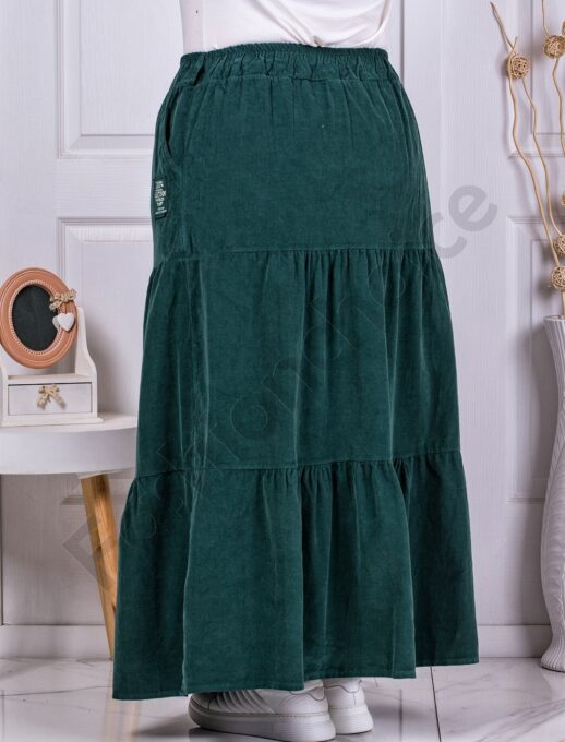 Fusta maxi sport-elegant din catifea reiata cu volane-verde masliniu cod 3160-1