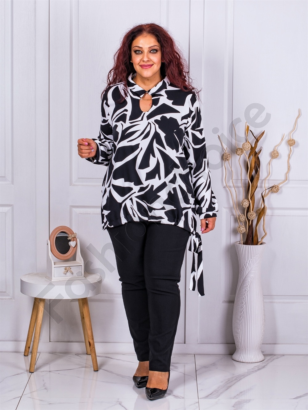 Camasa eleganta maxi cu imprimeu negru/alb cod 22054-2
