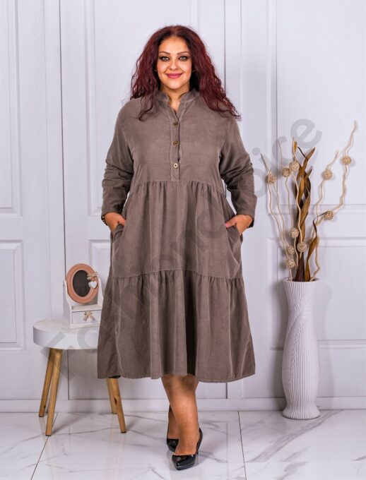 Rochie maxi cu volane din catifea reiata-moca cod 9863-2