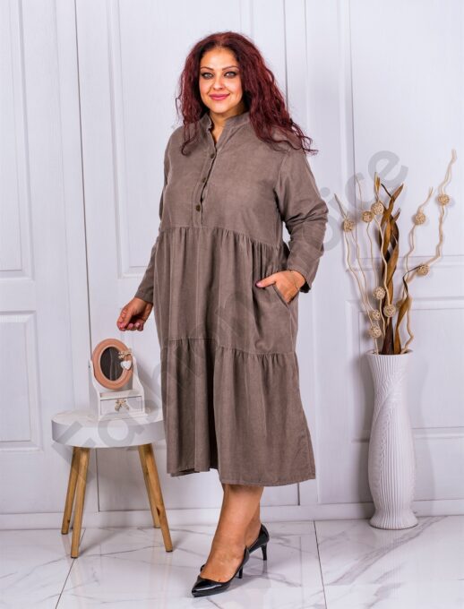 Rochie maxi cu volane din catifea reiata-moca cod 9863-2
