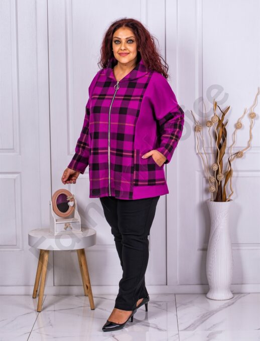 Palton maxi din eco casmir in carouri-magenta cod 23688-3