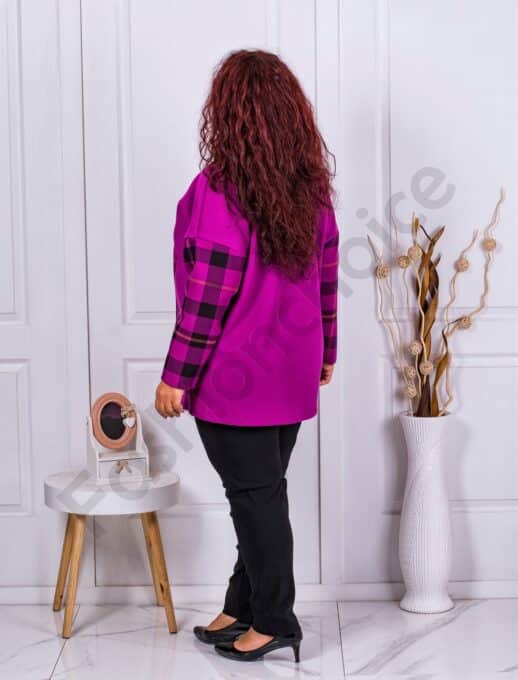 Palton maxi din eco casmir in carouri-magenta cod 23688-3