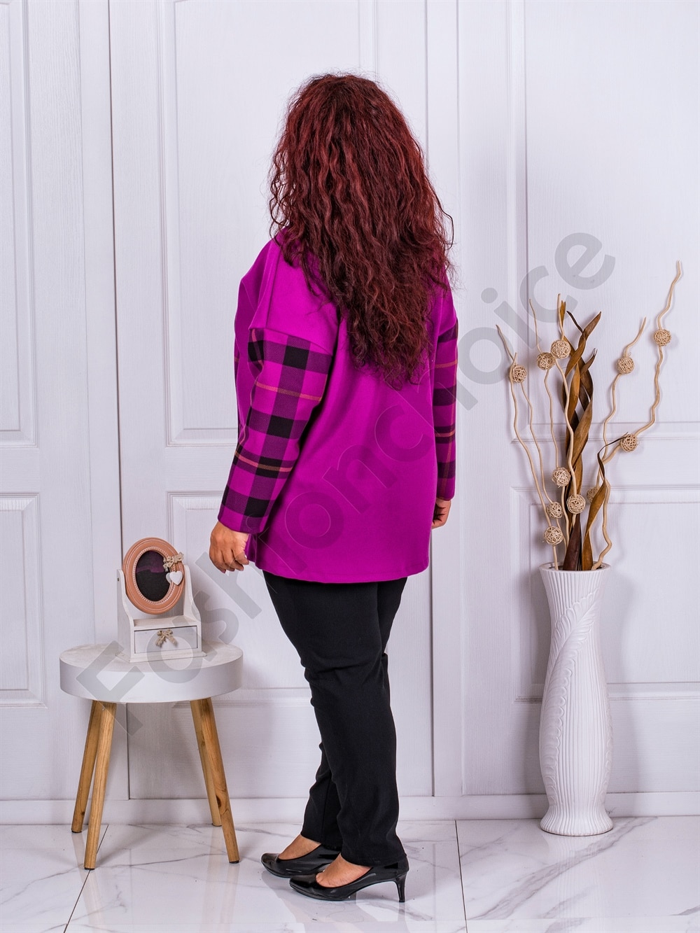 Palton maxi din eco casmir in carouri-magenta cod 23688-3