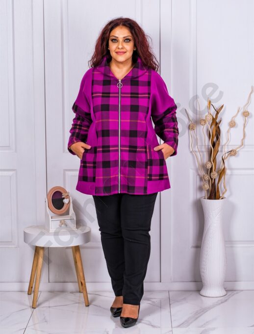 Palton maxi din eco casmir in carouri-magenta cod 23688-3