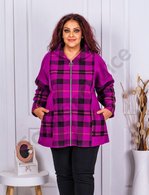 Palton maxi din eco casmir in carouri-magenta cod 23688-3