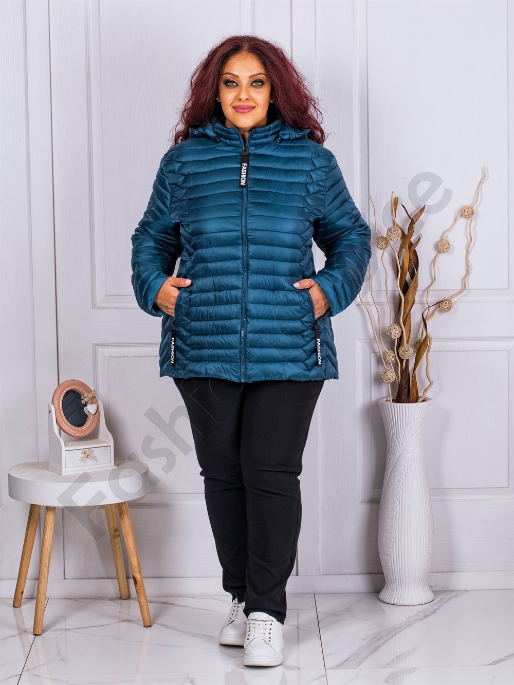 Geaca maxi eleganta cu gluga Fashion-petrol cod 2312-3