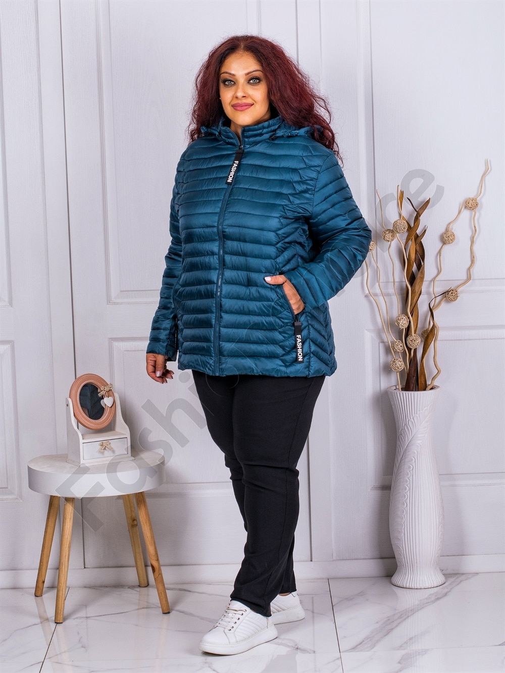Geaca maxi eleganta cu gluga Fashion-petrol cod 2312-3