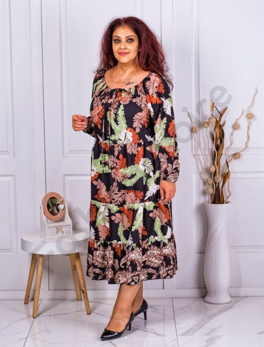 Rochie maxi cu volane si frunze multicolor-negru cod 3381