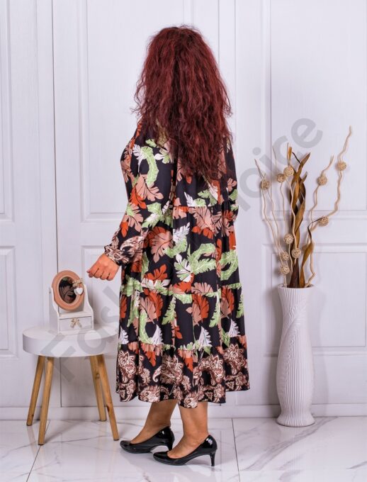 Rochie maxi cu volane si frunze multicolor-negru cod 3381