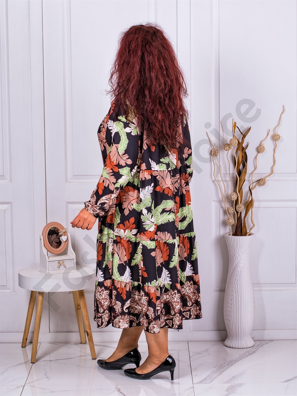 Rochie maxi cu volane si frunze multicolor-negru cod 3381