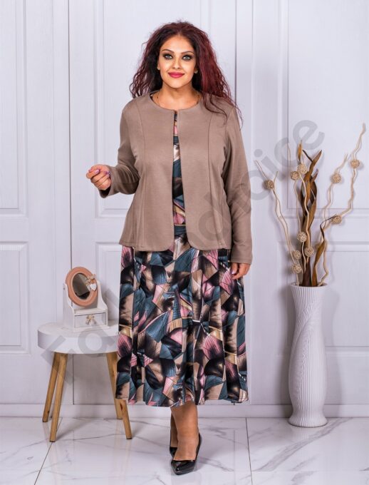 Set elegant din rochie in clos si sacou in culoare macchiato cod 23041-3