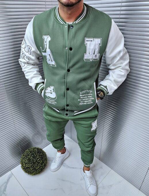 Compleu sport pentru barbati cu geaca baseball si aplicatii-verde cod 2322-2