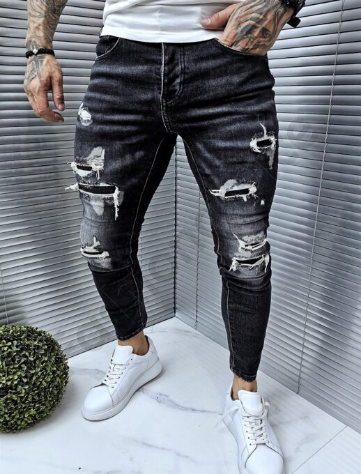 Blugi barbati cu patch-uri si efect rupt-negru cod 7456