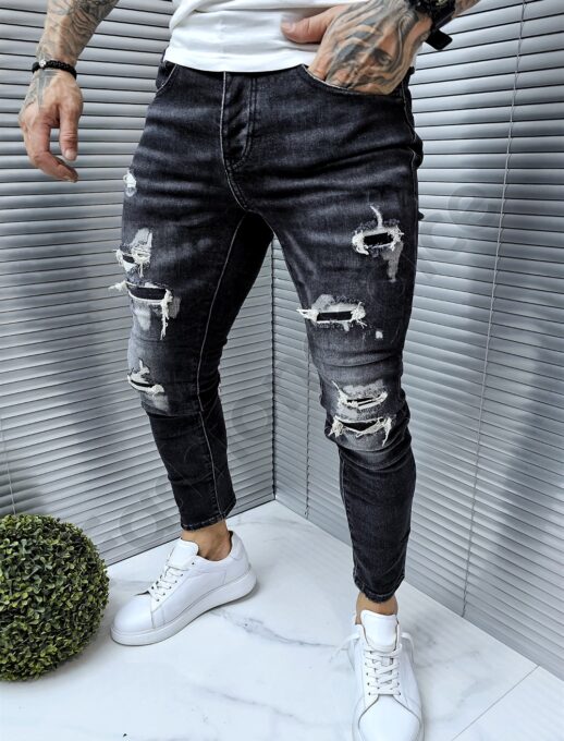 Blugi barbati cu patch-uri si efect rupt-negru cod 7456