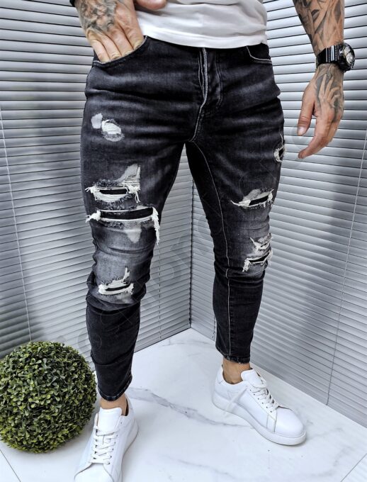 Blugi barbati cu patch-uri si efect rupt-negru cod 7456