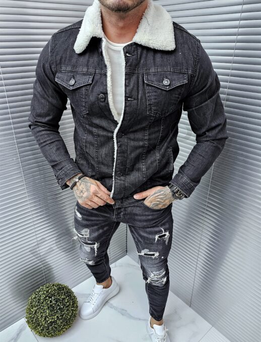 Geaca din denim pentru iarna-gri inchis cod 2201-5